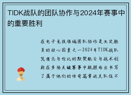 TIDK战队的团队协作与2024年赛事中的重要胜利